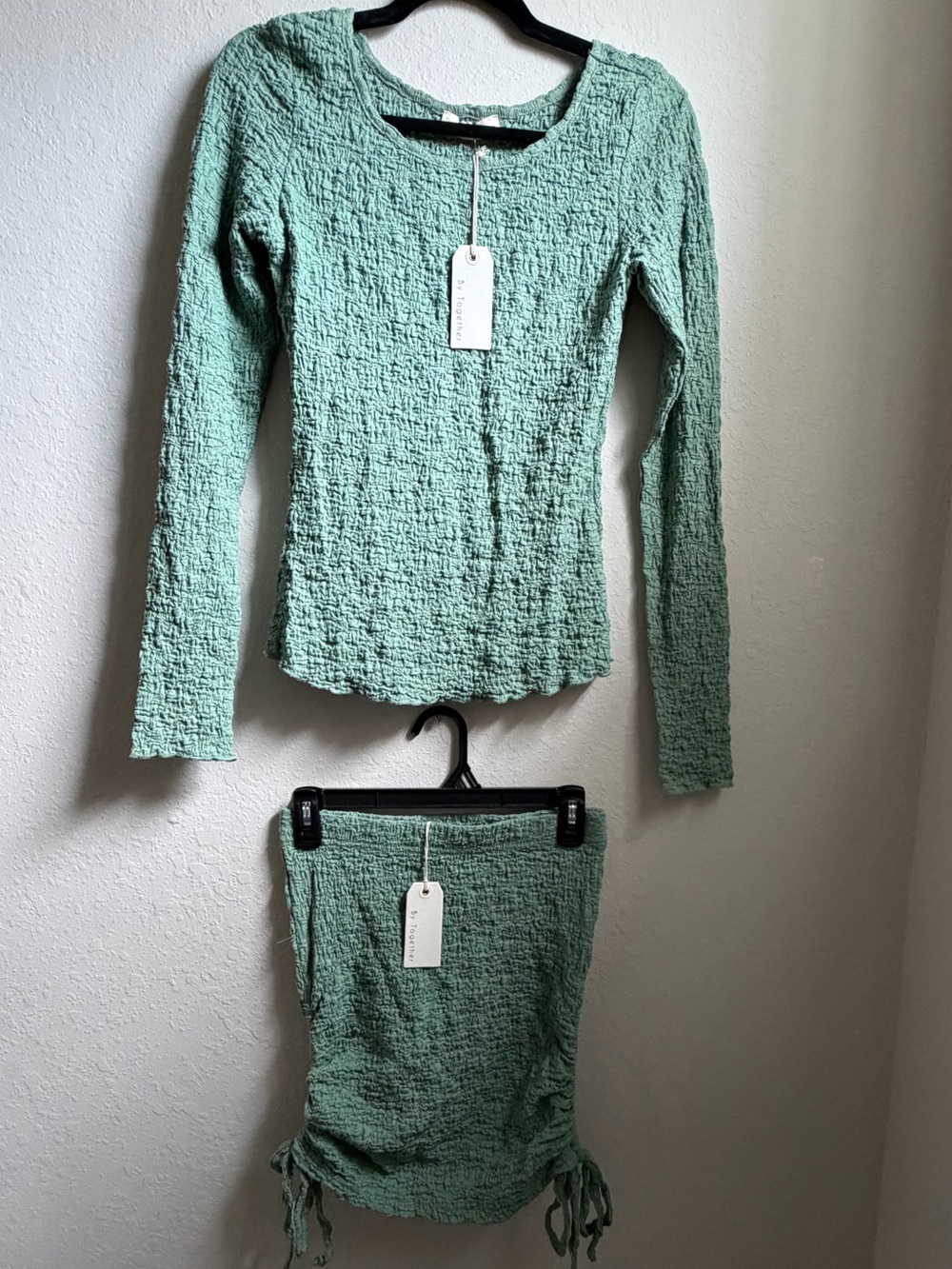Textured Long-Sleeve Top & Skirt Set in Sage Green